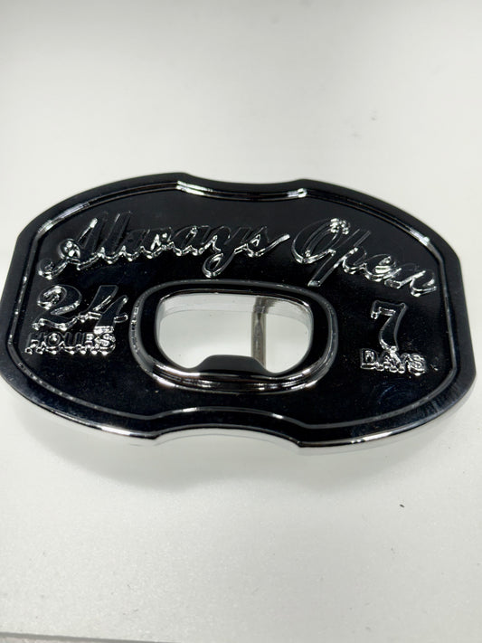 "Always Open 24 Hours 7 Days" Built-In Bottle Opener Belt Buckle