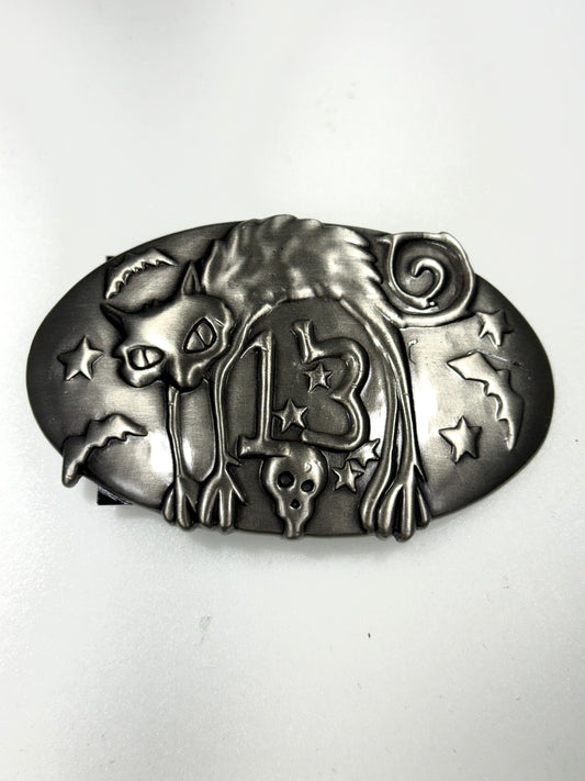 Oval "Lucky 13" Black Cat & Skull Pewter Belt Buckle