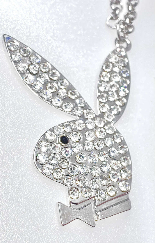 Playboy Bunny Head set in white Crystals & Black Crystal Eye on a open Curb Link w/Extender 16" plus 2" - COLO