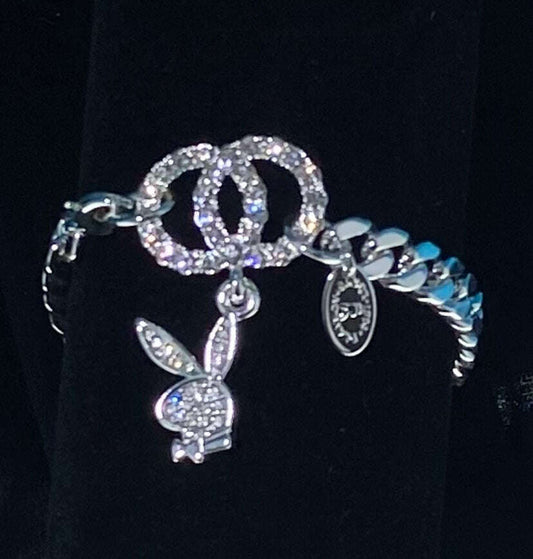 Playboy Curb Bracelet 2 Solid Crystal Circle Crystal Bunny Head Pendant - COLO