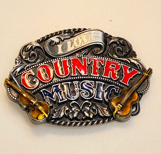 Vintage Belt Buckle – "I Love Country Music" Pewter & Enamel
