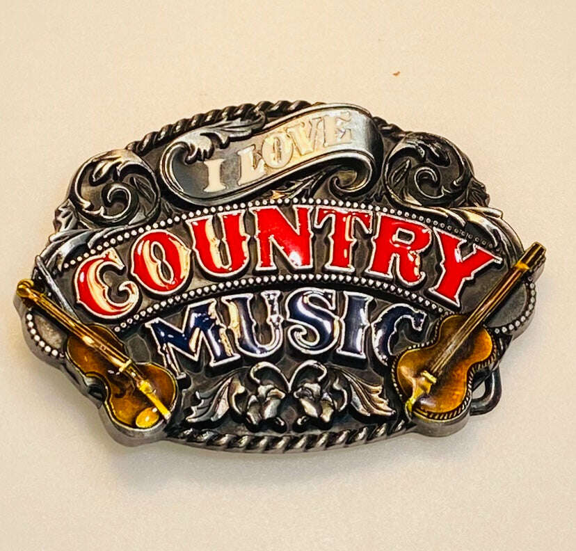 Vintage Belt Buckle – "I Love Country Music" Pewter & Enamel - COLO