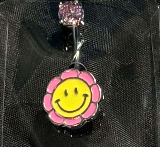 COLORFUL SMILY BELLY PIERICING w/PINK C/Z STONE - COLO
