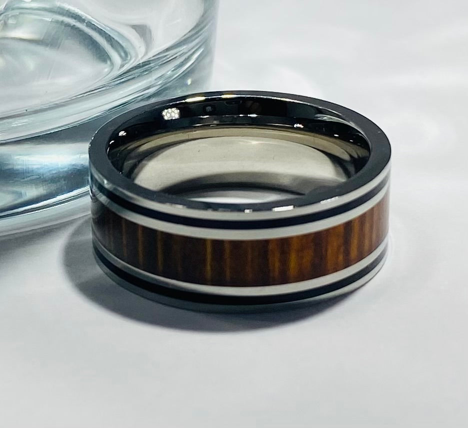 Madison Collections Stainless Steel MATCHING Wedding Band with Wood Grain Inlay, Black Accent Lines & High-Polish Borders Product Overview