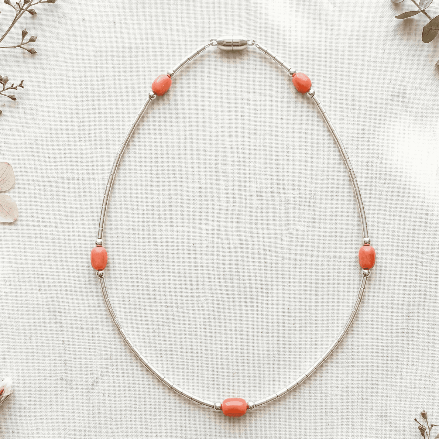 STERLING SILVER ANKLE BRACELET CORAL OVAL BEAD 10" AND SNAKE CHAIN w/SCREW IN BARREL LOCK