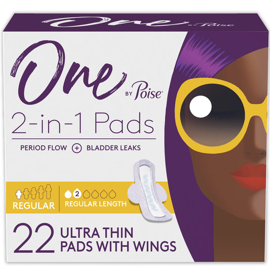 One by Poise Incontinence or Period Pads Regular Flow Ultra Thin Wings 22 Ct