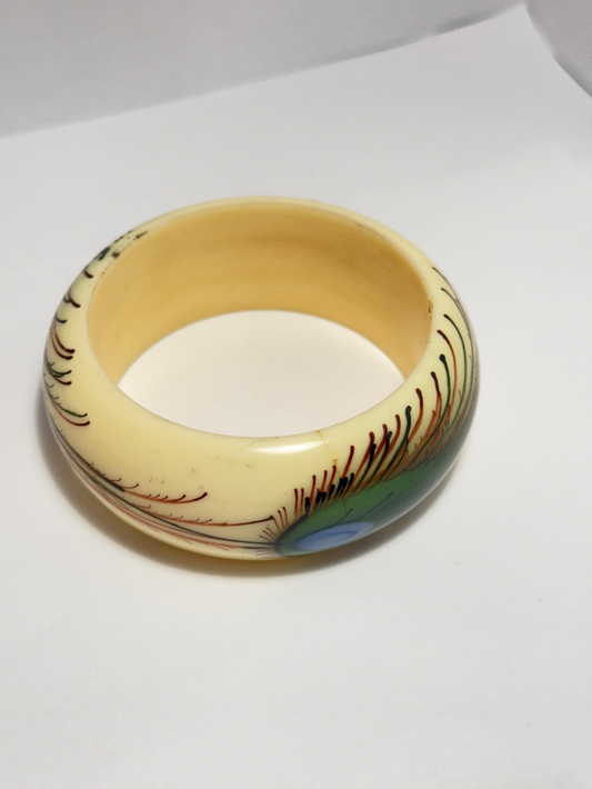 Vintage Lucite Hand-Painted Peacock Feather Bangle Bracelet