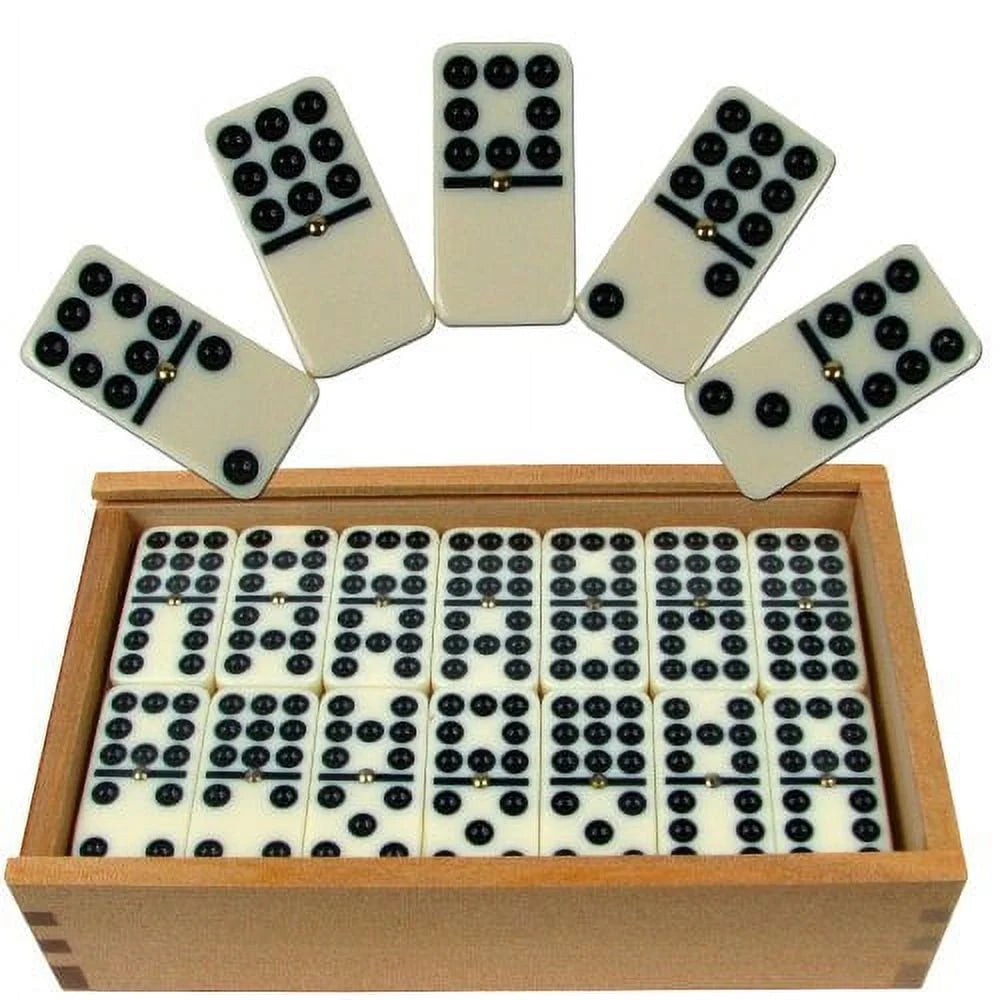 Premium Set of 55 Double Nine Dominoes with Wood Case, Brown