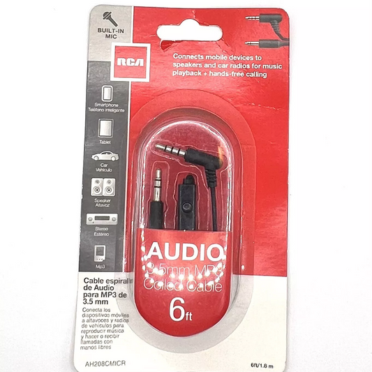 NEW RCA Audio 3.5 mm MP3,MP4 Coiled Cable 6 ft/1.8 m W/Built In Mic AH208CMICR