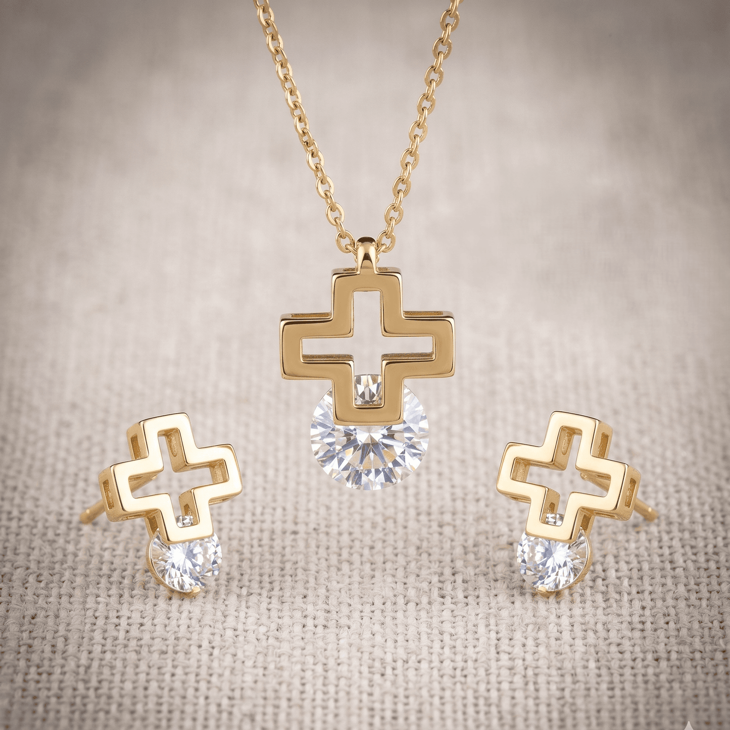 Stainless Steel Crystal Open Cross Earring and Pendant Set with Chain – Durable, Tarnish Resistant Jewelry Set for Everyday Wear