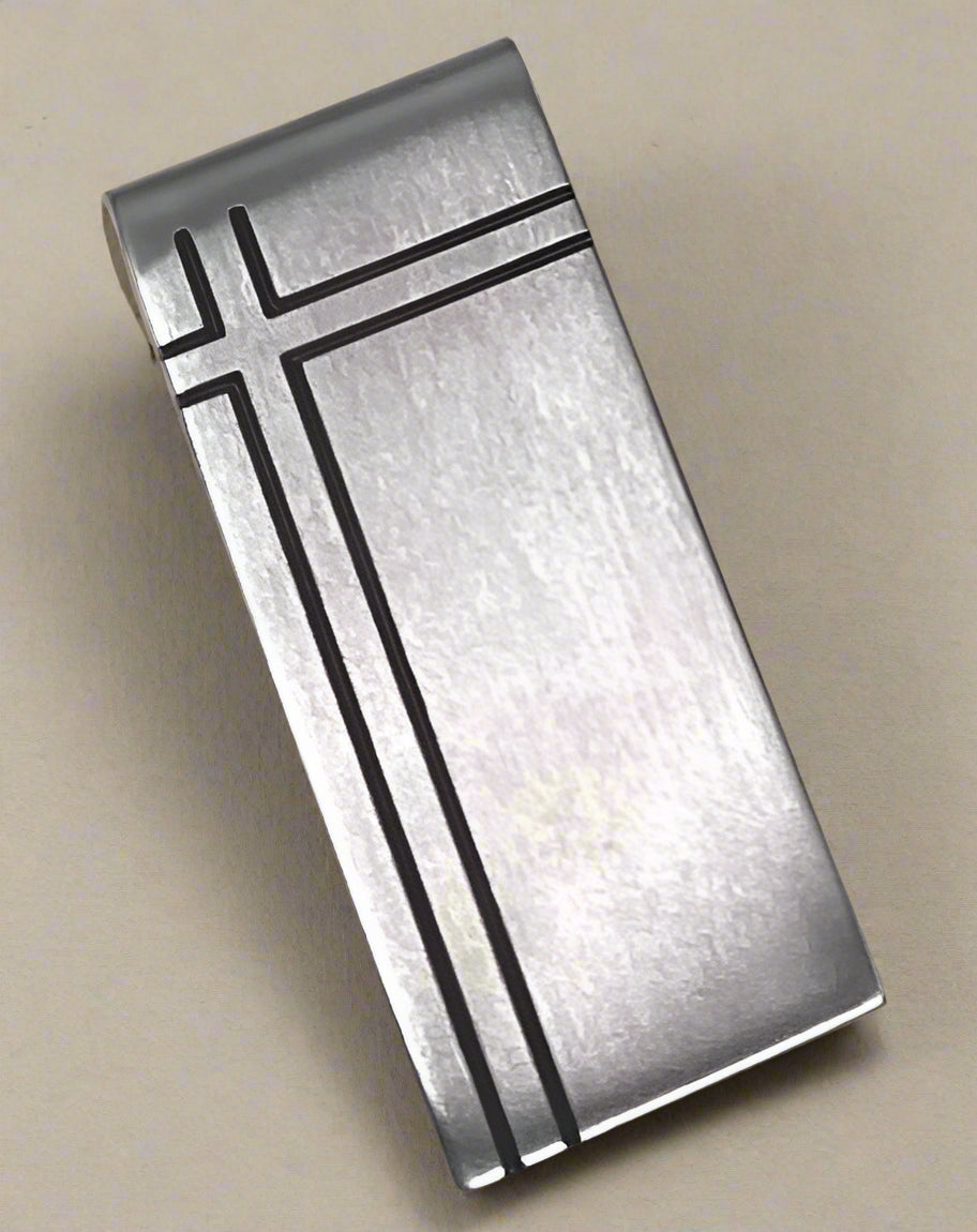Stainless Steel Money Clip with Modern Cross-Line Engraving