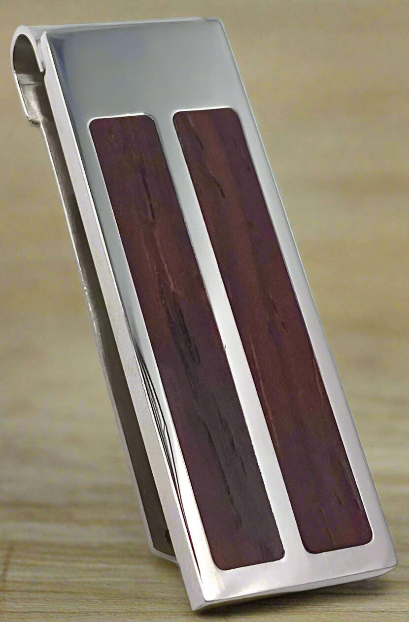 Stainless Steel Money Clip with Brown Wood Inlay Strips - COLO