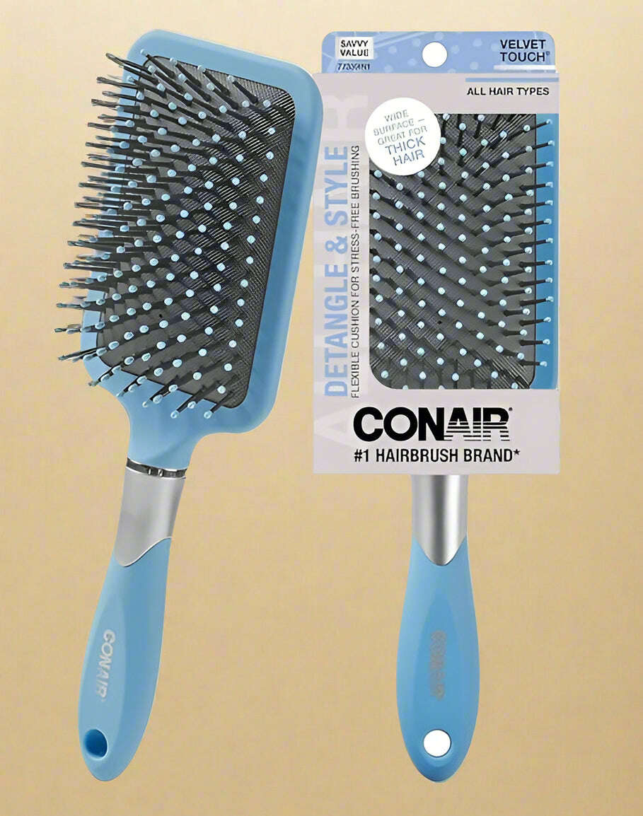 Conair Velvet Touch Paddle Cushion hair brush - Detangling hairbrush - curly or straight styles - men or women - detangler - features soft touch handle - Blush BLUE - COLO
