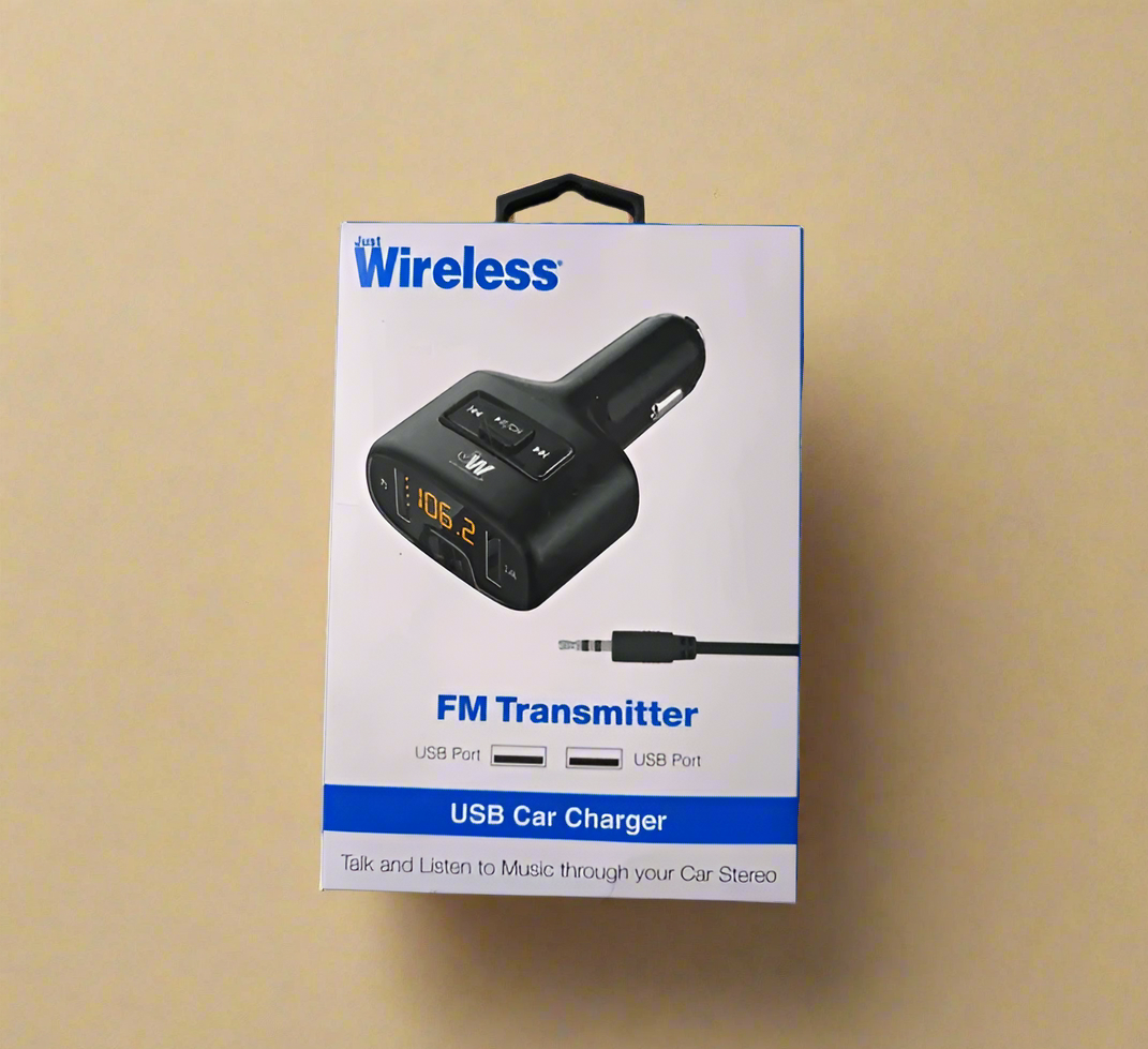 Just Wireless FM Transmitter (3.5mm) with 2.4A/12W 2-Port USB Car Charger- Black