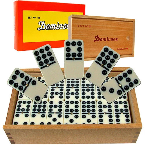 Premium Set of 55 Double Nine Dominoes with Wood Case, Brown
