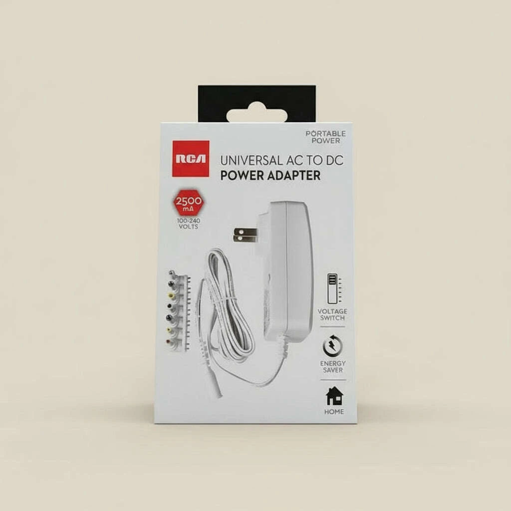 RCA Universal AC Power Adapter 3–12V 2500mA – Multi-Voltage Charger with 7 Tips - COLO