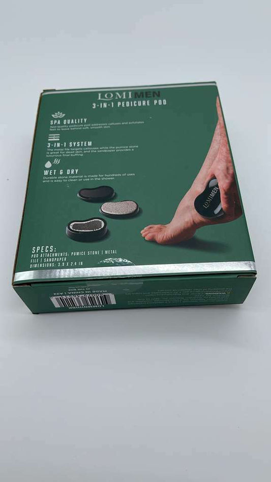 LOMIMEN 3-N-1 PEDICURE POD 3 STEP SYSTEM TO CLEAN BUFF FILE AND SMOOTH FEET TO PERFECTION - COLO