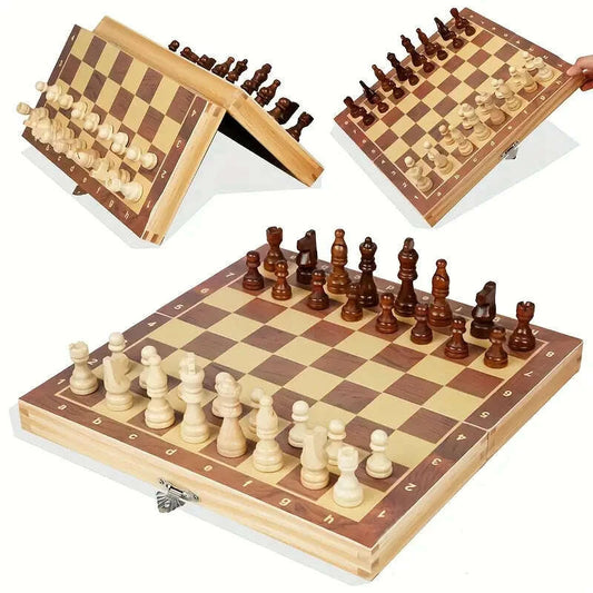 Deluxe 3-in-1 Wooden Chess Set with Checkers & Dual Lands - Includes Portable Folding Storage Box, Perfect for Travel, Family Game Nights & Social Gatherings - COLO