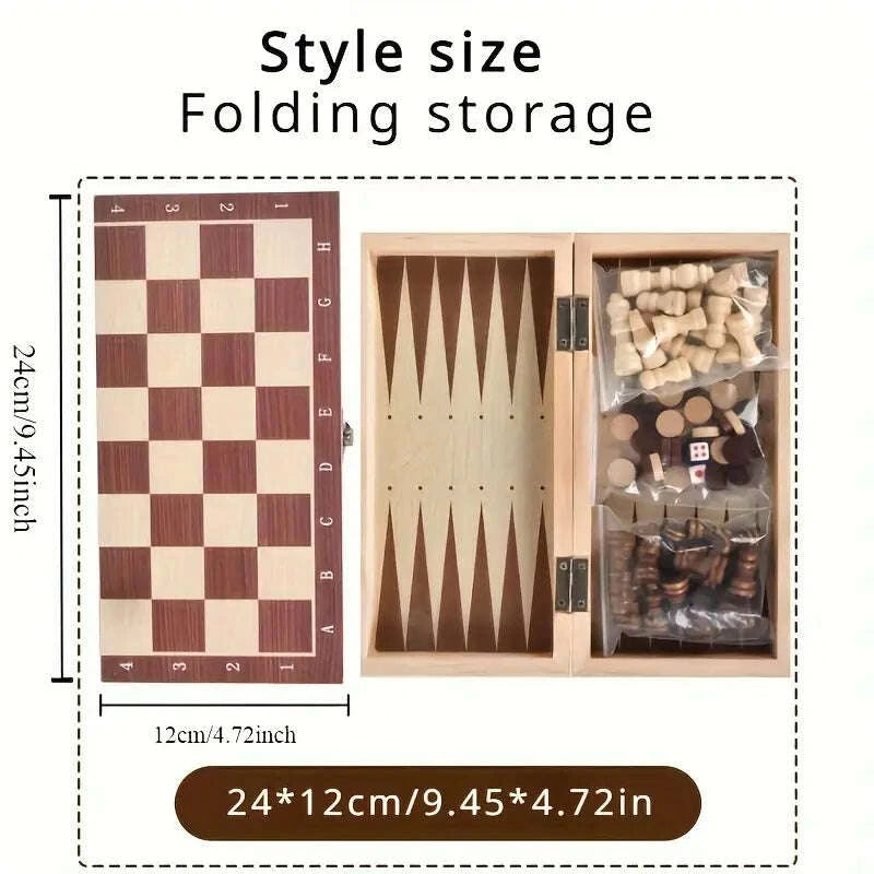 Deluxe 3-in-1 Wooden Chess Set with Checkers & Dual Lands - Includes Portable Folding Storage Box, Perfect for Travel, Family Game Nights & Social Gatherings - COLO