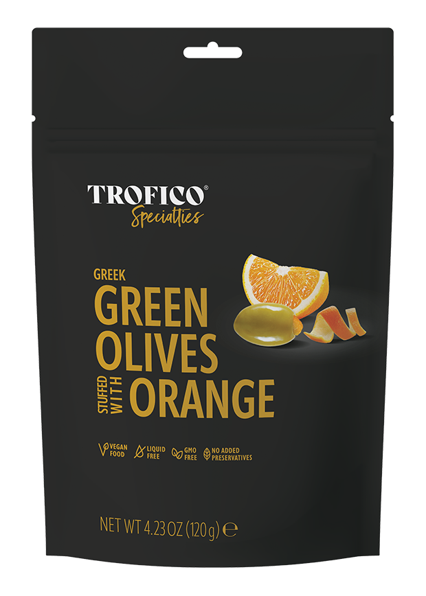 Trofico Greek Green Olives Stuffed with Orange – 120g Doypack