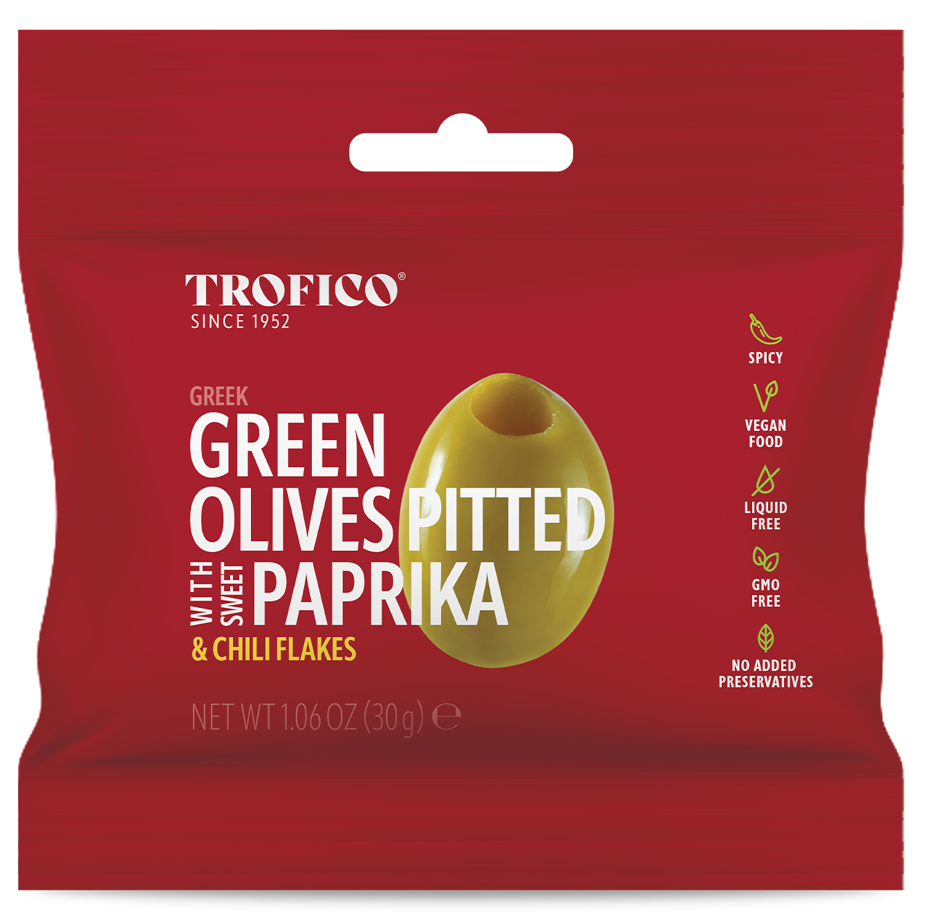 Trofico Greek Green Pitted Olives with Garlic & Chili Flakes