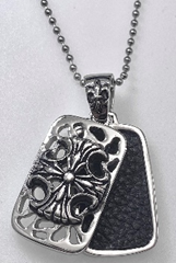 FASHION  Iron Cross with Black Leather Dog Tag 2pc Pendant 24" Ball Chain