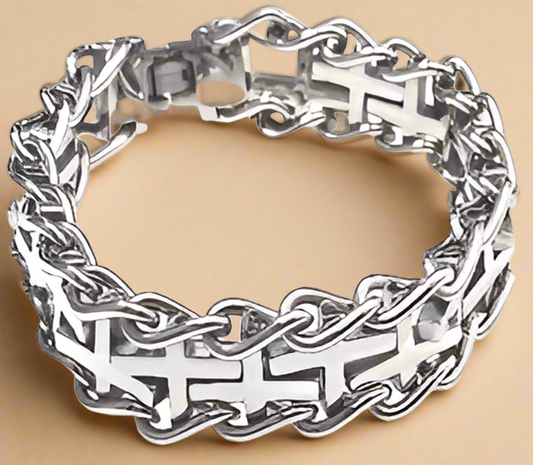 Fashion STST Cross w/Vine Link Polish Bracelet 8.5"