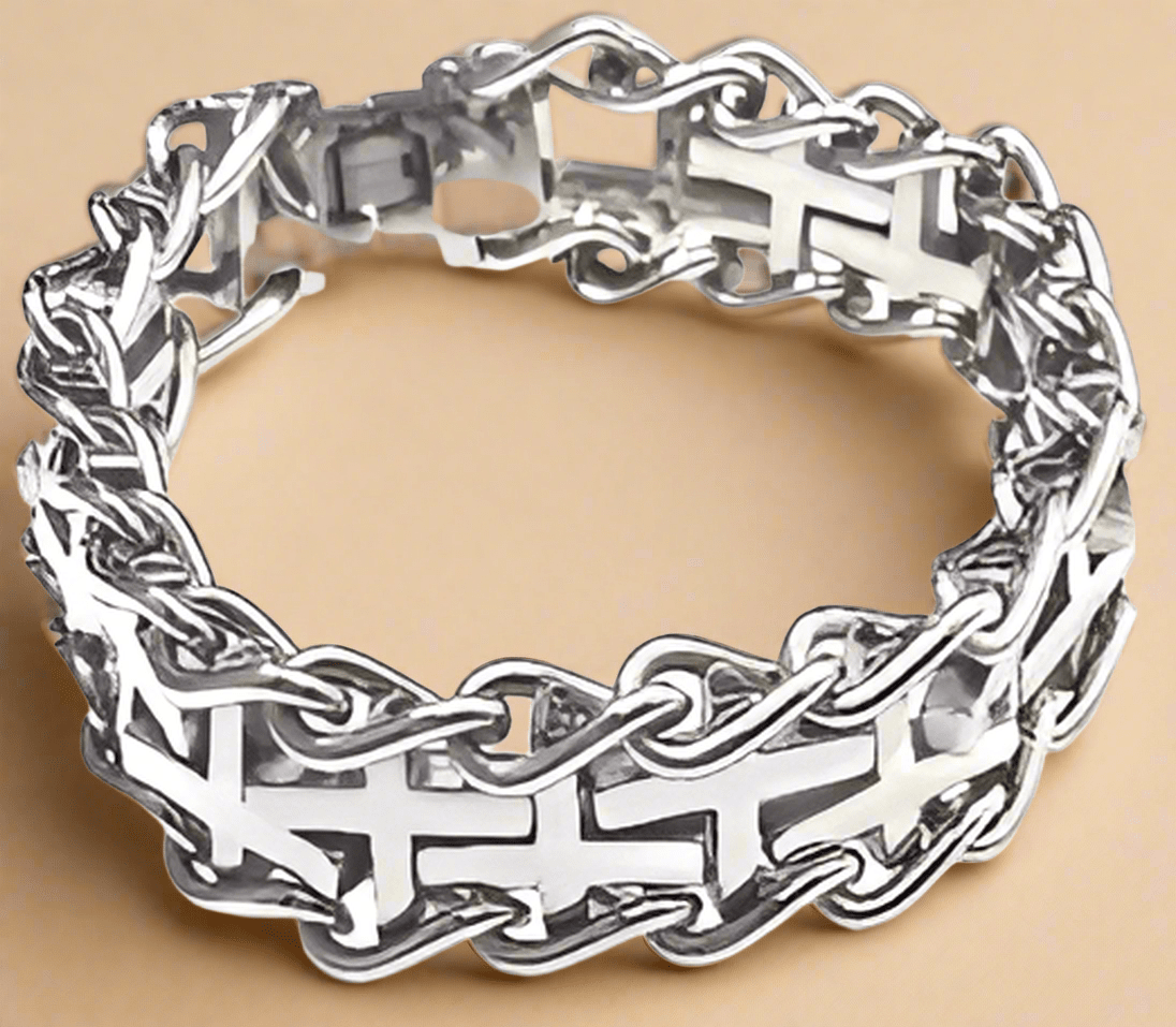 Fashion STST Cross w/Vine Link Polish Bracelet 8.5" - COLO