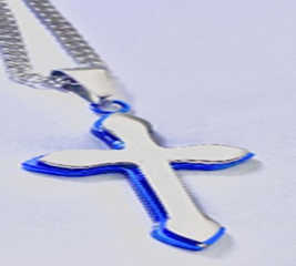JEWLRY FASHION STST SILVER blue IP CROSS PENDANT with 24"CURB CHAIN cross is 1.75 inch