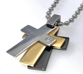 JEWELRY FASHION 3 Crosses Black Gold Silver Plated on a Ball chain 22" with a Crystal