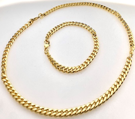 FASHION 18k Gold Electroplated Curb Link 6mm Chain and Bracelets Set with Box