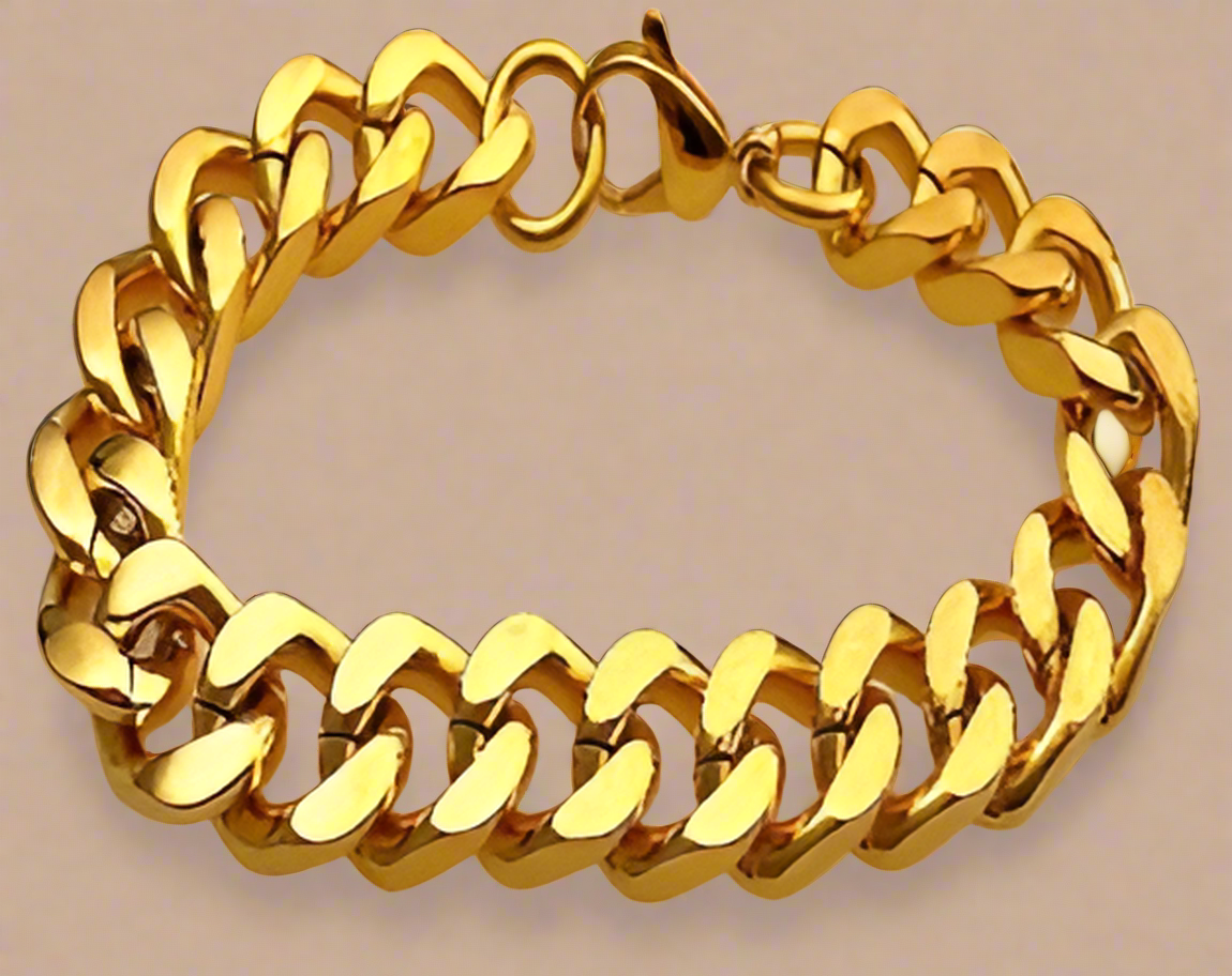 FASHION 18k Gold Electroplated Curb Link 11.5mm Chain and 8.5" Bracelets Set with Box