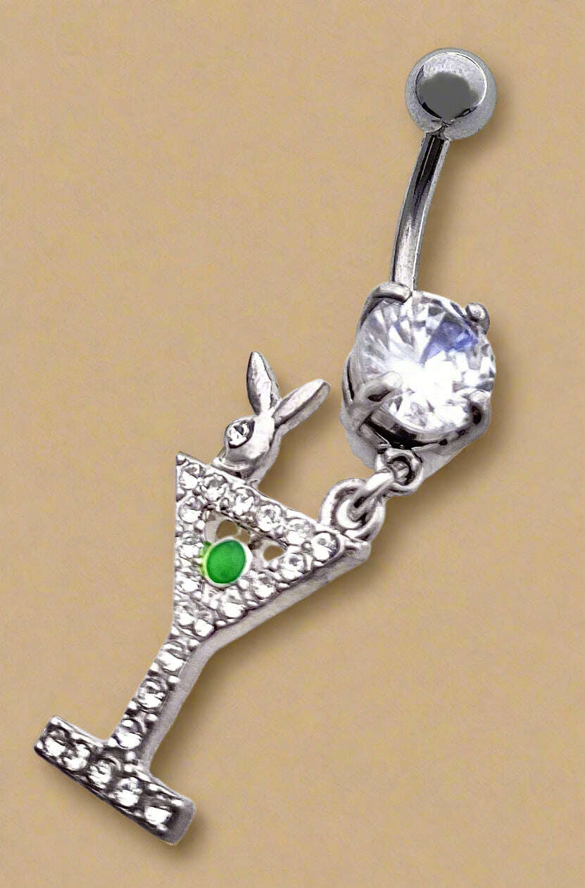 Playboy Lavender Crystal Martini Glass & Bunny Head Dangle Belly Ring Stainless Steel - COLO