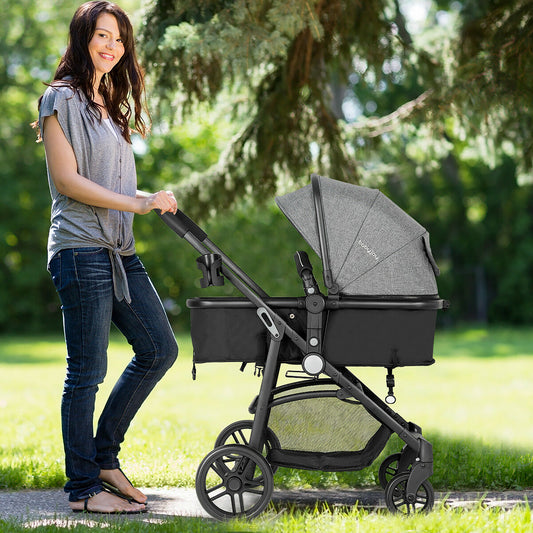 Costway 2-in-1 Foldable Baby Stroller - Coffee