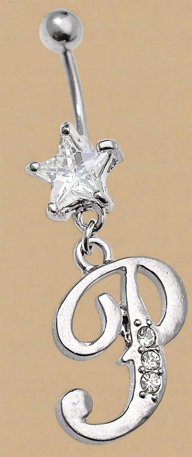 Playboy Crystal Star with Dangling “P” Charm Belly Ring Stainless Steel - COLO