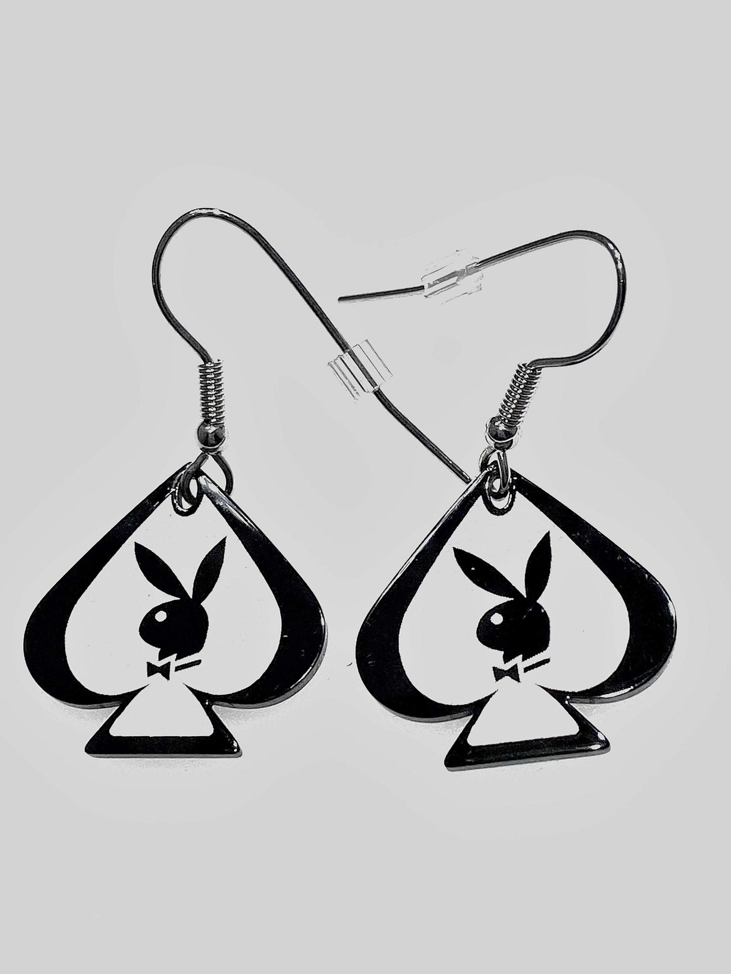 Playboy Spade Drop Earrings – Black & White Ace Design with Bunny Heads - COLO