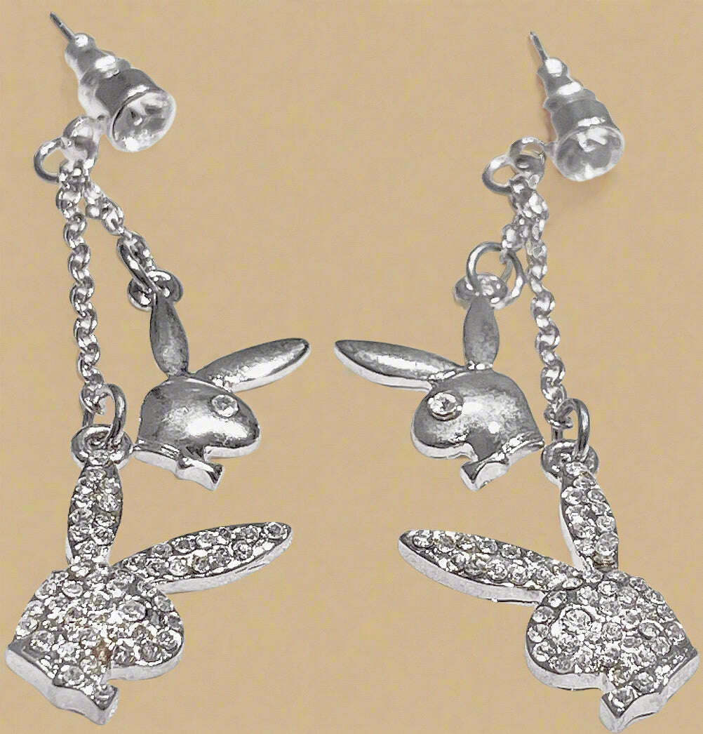 Playboy Dual Bunny Drop Earrings – High Polish & Crystal Accent Pair - COLO