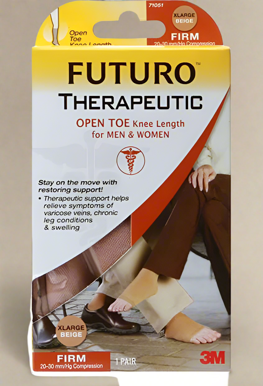 FUTURO Therapeutic Open Toe Compression Stockings – X-Large, Firm (20–30 mmHg), Beige (1 Pair)