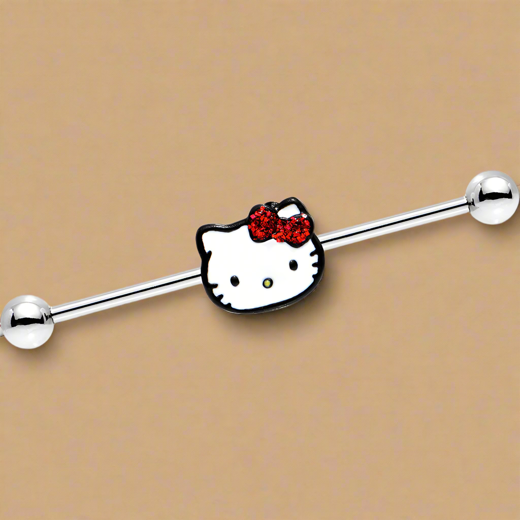 14 Gauge Licensed Hello Kitty Cat Red Bow Industrial Barbell – 38mm