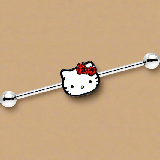 14 Gauge Licensed Hello Kitty Cat Red Bow Industrial Barbell – 38mm