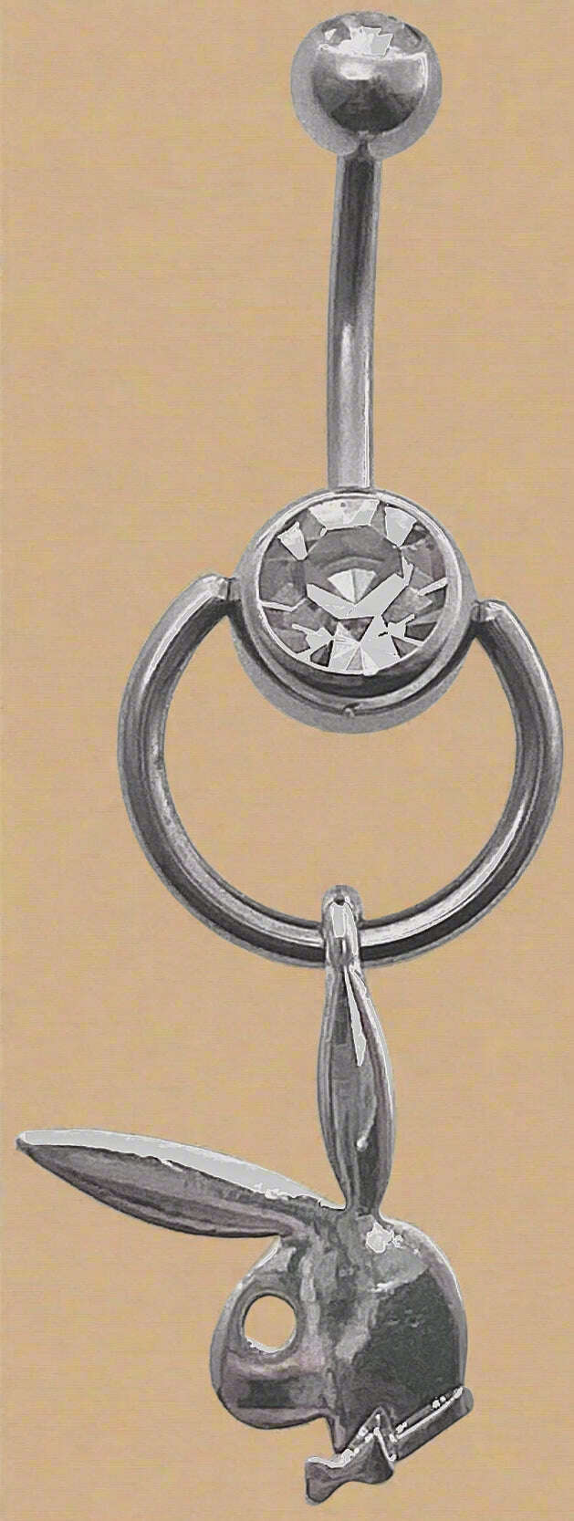 Playboy White Crystal Circle Bunny Head with White Eye Belly Ring Stainless Steel - COLO