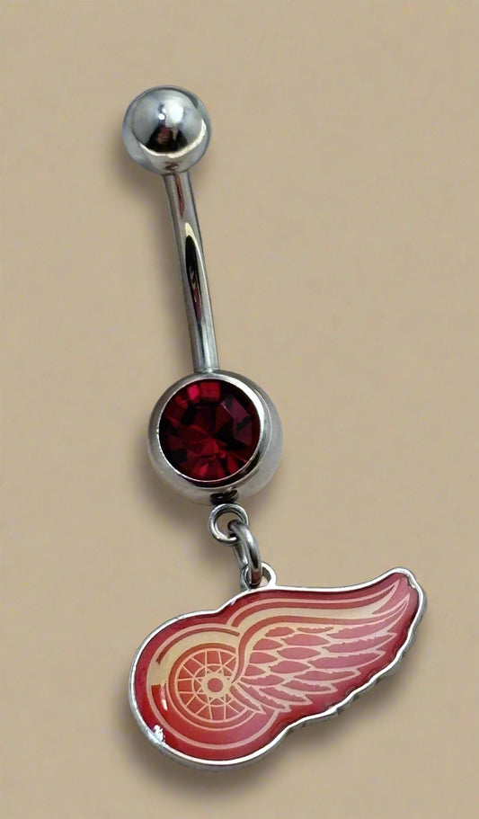 Licensed NHL Red Gem Stainless Steel Anodized Detroit Red Wings Belly Ring