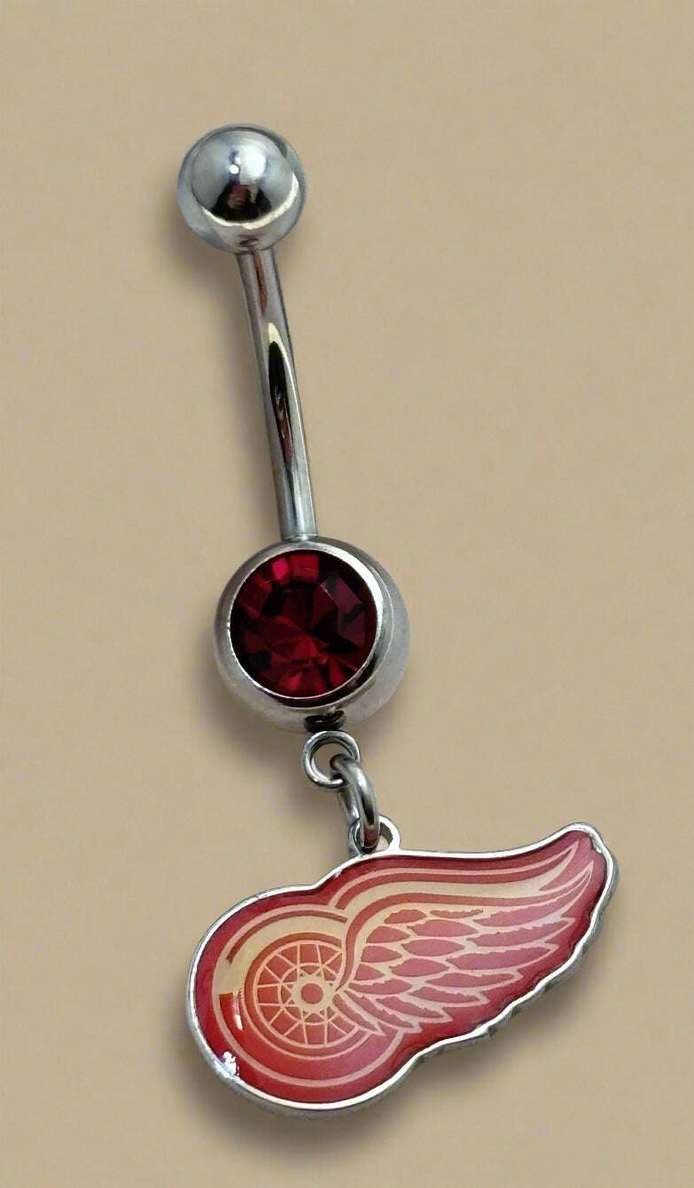 Licensed NHL Red Gem Stainless Steel Anodized Detroit Red Wings Belly Ring - COLO