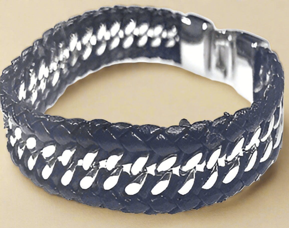 Fashion Black Leather and Silver Plated Bracelet 9" - COLO