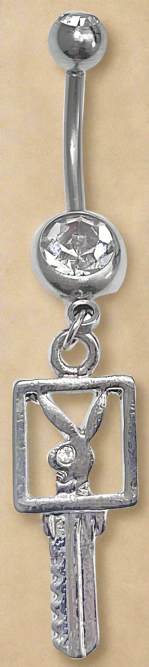 Playboy White Crystal Key Charm Belly Ring Stainless Steel - COLO