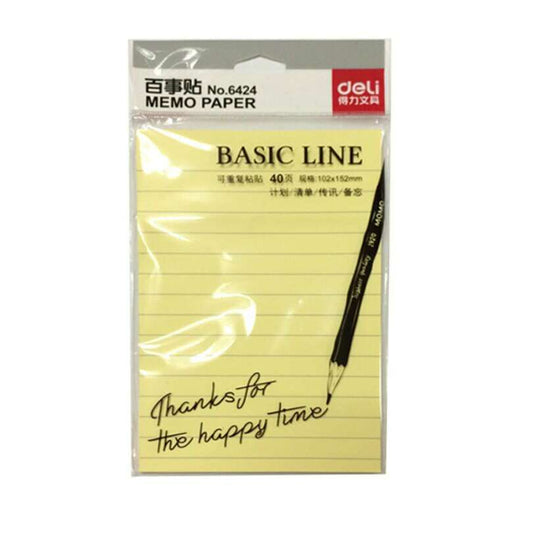 Deli Basic Line Memo Paper Sticky Notes 4" x 6" Lined (4 Pads, 160 Sheets) - COLO