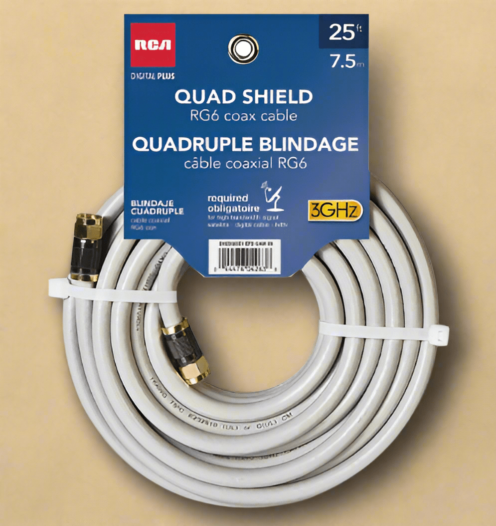 RCA Quad Shield RG6 Coaxial Cable – 25ft, 18 AWG, Black - COLO