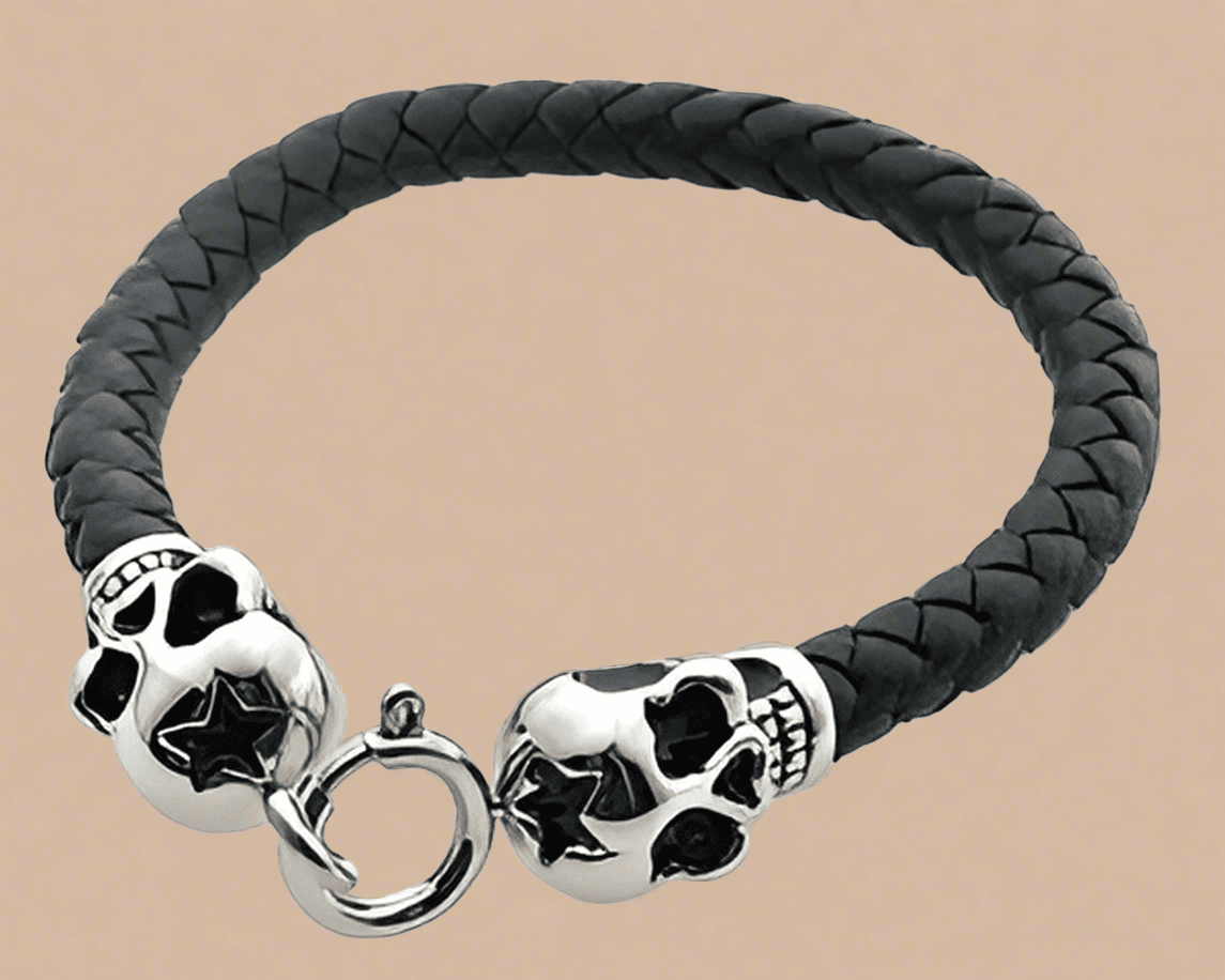 Fashion Skull End Caps on Black Leather Bracelet 8.5 - COLO