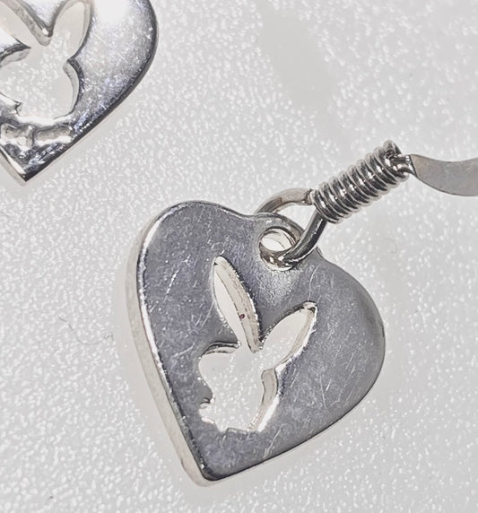 Playboy Heart Charm Earrings – High Polish Stainless Steel with Bunny Cutout