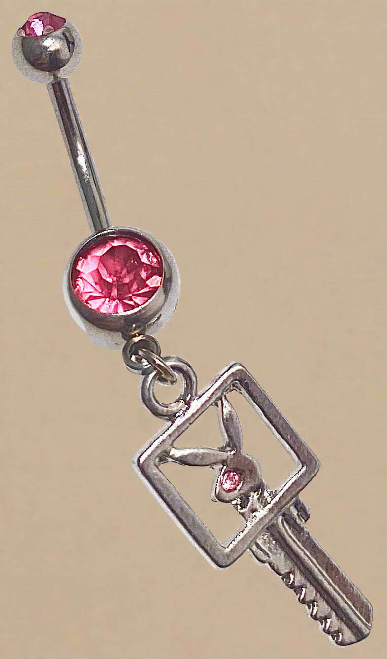 Playboy Pink Crystal Key Charm Belly Ring Stainless Steel - COLO